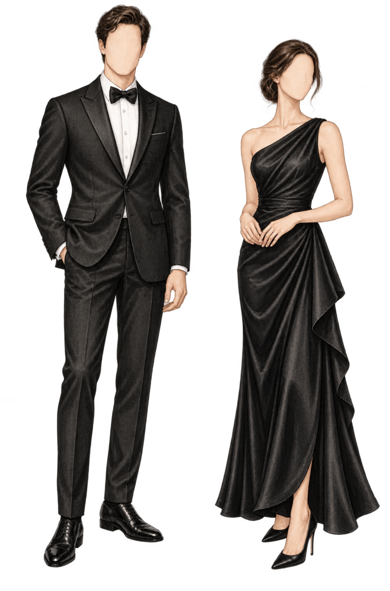 Black formal attire: a man in a black suit with a white shirt and a woman in an elegant black dress